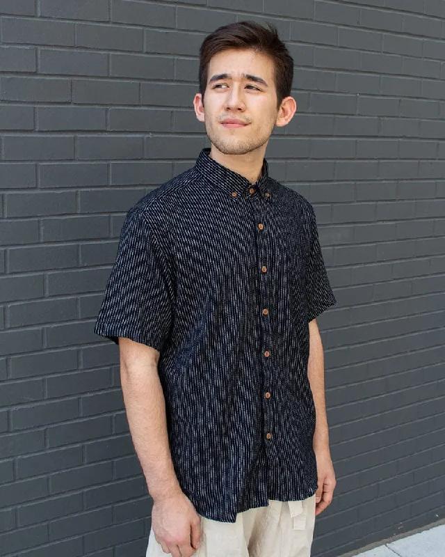 Hiking shirt spring striped-ToK Shirt, Short Sleeve Button-Up, Chijimi, Black Faded Shima