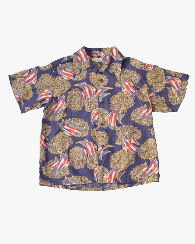 Hiking shirt windproof trekking-Japanese Repro Shirt, Aloha Short Sleeve, Land Of Aloha Brand, Purple Angel Fish - M