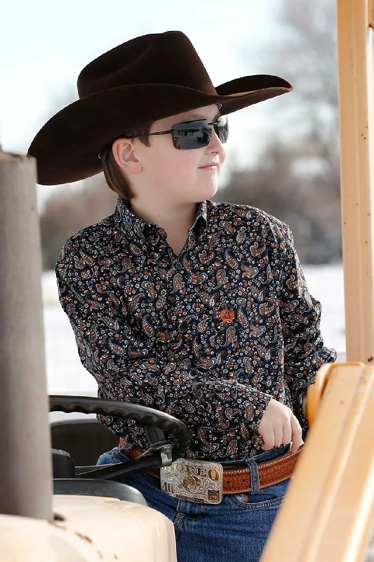 Hiking shirt waterproof durable-Boy's Paisley Print Button-Down Long Sleeve Western Shirt