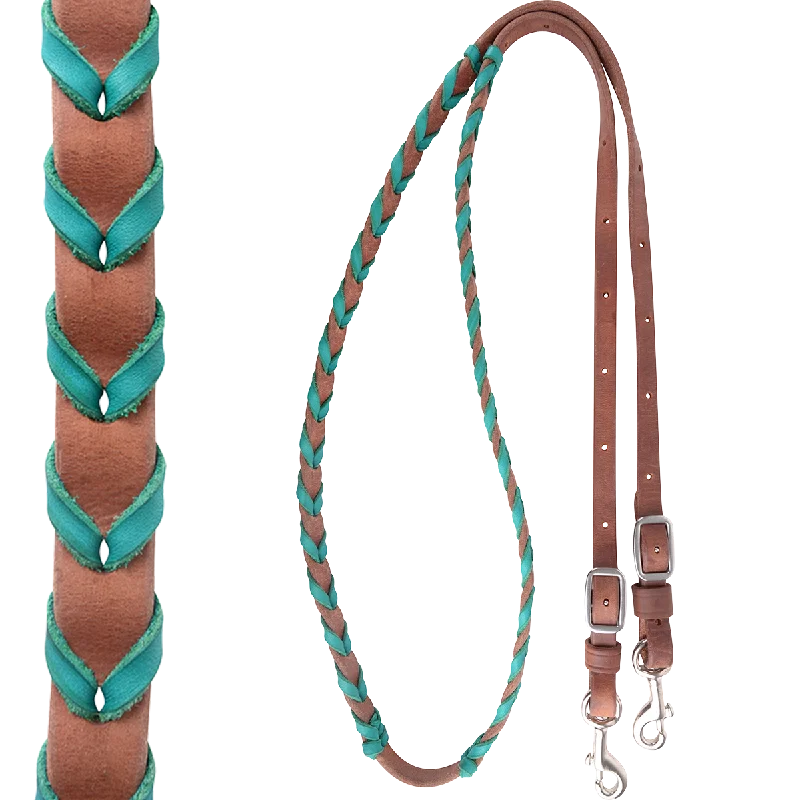 Latigo Laced Barrel Rein with Buckle and Keeper Snap Ends - Turquoise