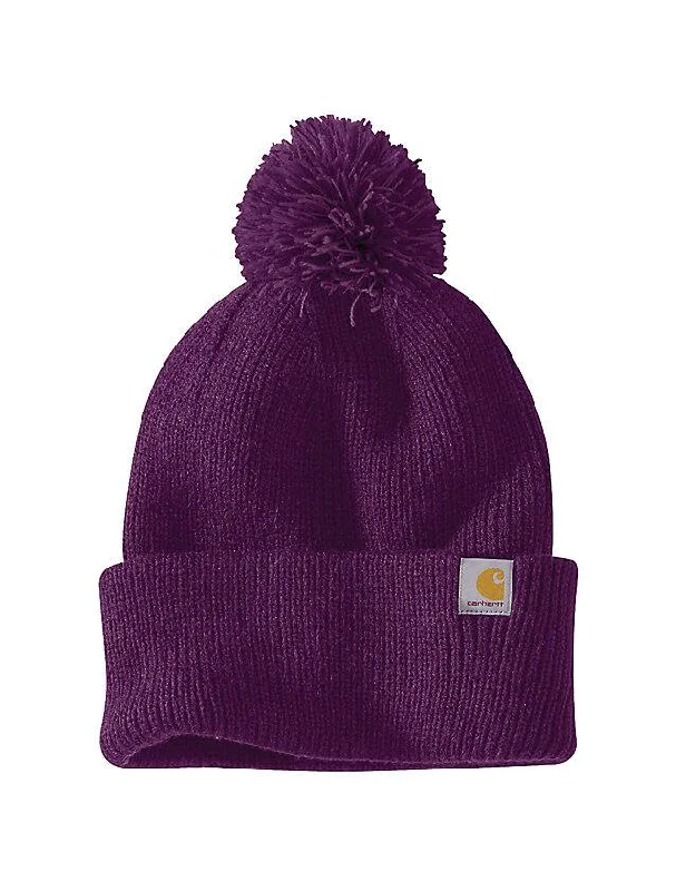 Knit Pom-Pom Cuffed Beanie - Eggplant