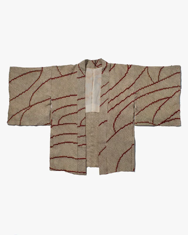 Hiking jackets waterproof style-Vintage Haori Jacket, Full Shibori, Cream/ Olive Green with Red Abstract lines