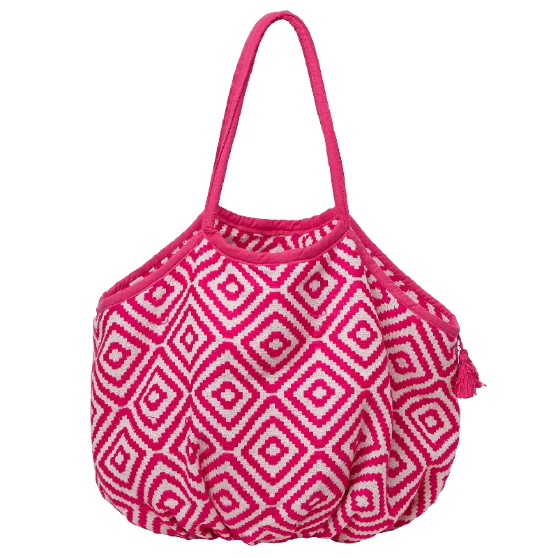 Climbing Bags mildew-resistant-Climbing-bags-for-long-haul-trips-Large Woven Cotton Beach Bag with Tassel & Tie - Pink/White