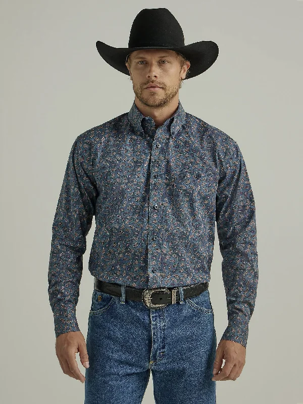 Hiking shirt vented back UV-resistant-Men's Wrangler George Strait Long Sleeve Button Down One Pocket Shirt In Navy Fuschia Paisley