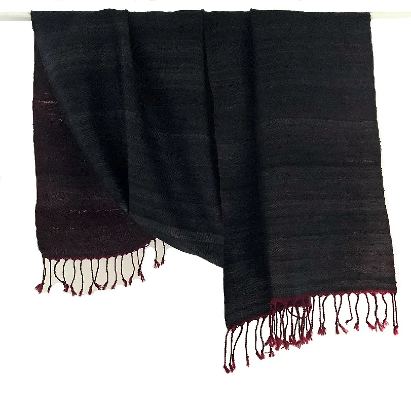 Avani Wild Silk & Wool Shawl in Charcoal & Maroon Red