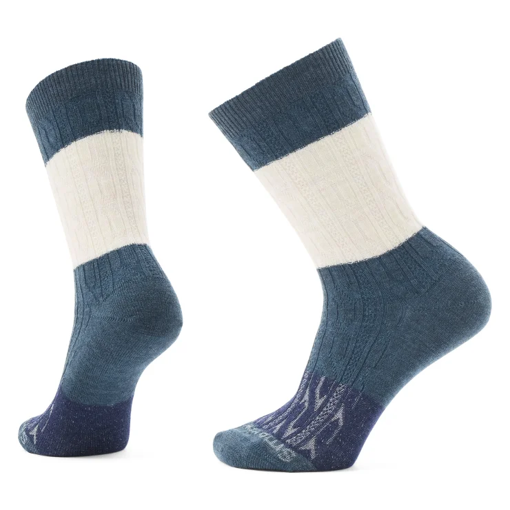 Hiking socks for first responders-Everyday Color Block Cable Crew Sock - Twilight Blue/Moonbeam