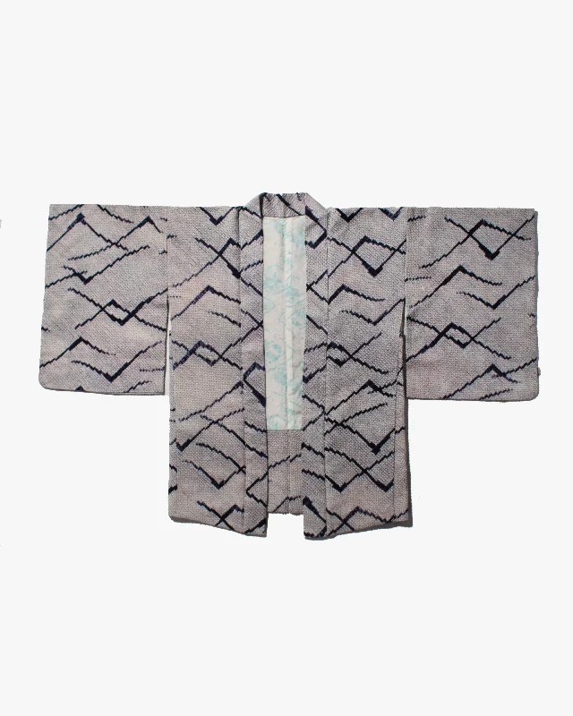 Hiking jackets large gear-Vintage Haori Jacket, Full Shibori, White with Navy Blue Criss Cross Pattern and Light Purple