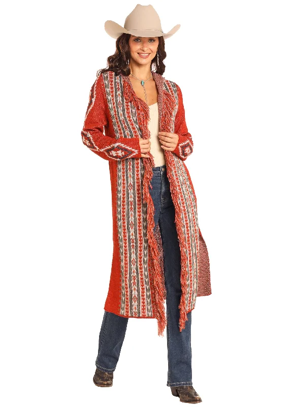 Long Cardigan Sweater - Rust Aztec