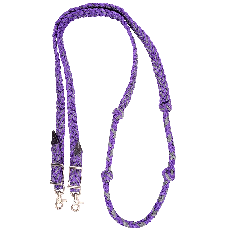 Braided Barrel Rein with Knots - Purple / Steel Grey