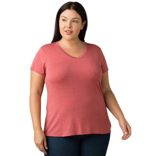 Hiking Shorts for arid hikes-Prana Foundation Plus Size Short Sleeve Vneck | Rouge Heat