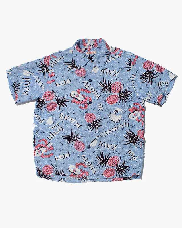 Hiking shirt premium odor-resistant-Japanese Repro Shirt, Aloha Short Sleeve, Sun Surf Brand, Blue and Red Pineapples - S