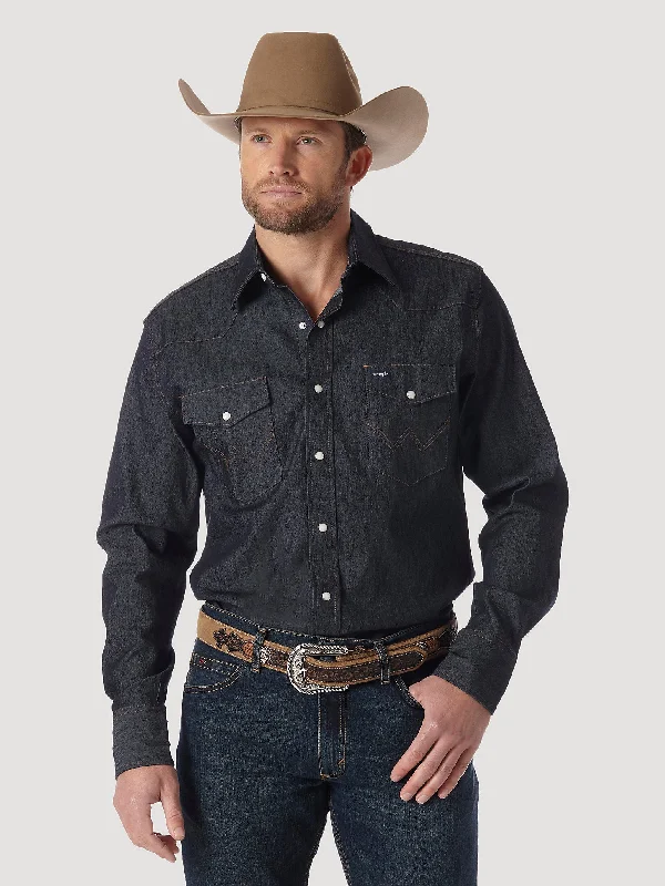 Hiking shirt affordable windproof-Men's Premium Performance Advanced Comfort Cowboy Cut Long Sleeve Spread Collar Sold Shirt In Denim