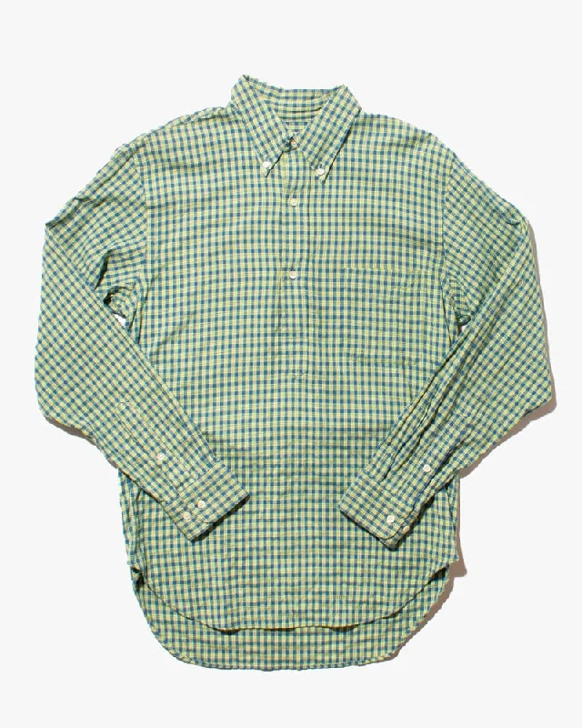 Hiking shirt with side vents-Japanese Repro Shirt, Quarter Button Long Sleeve, Sugar Cane Brand, Blue and Green Plaid - M