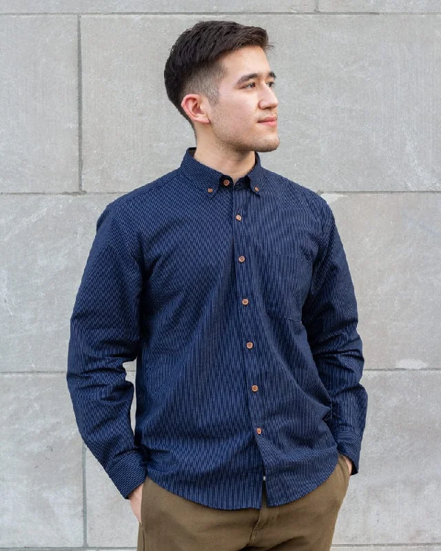 Hiking shirt versatile waterproof-ToK Shirt, Long Sleeve Button-Up, Indigo with Thin Light Blue Shima