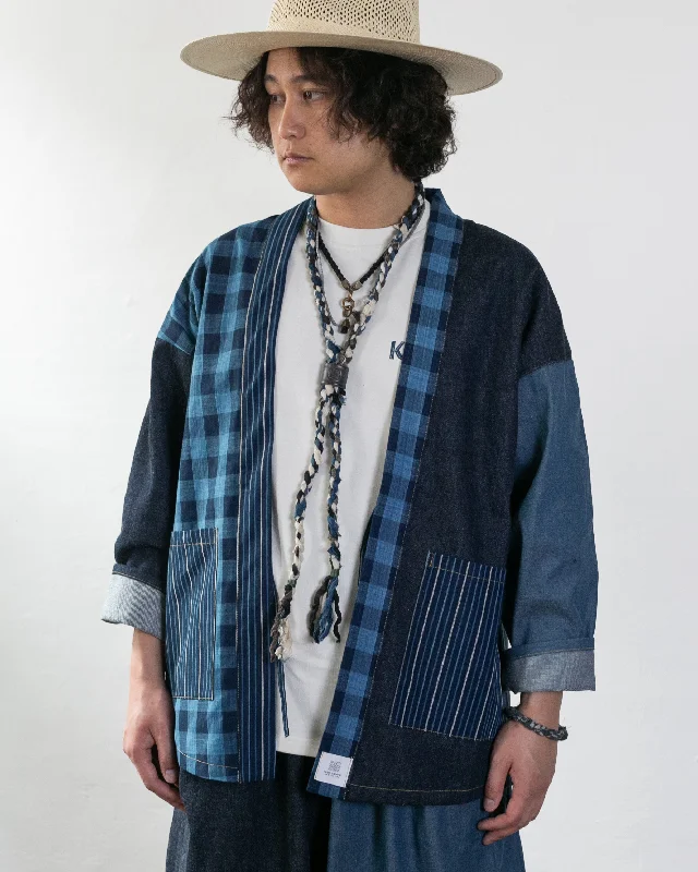 Hiking jackets summer fit-Wa-Modern Haori Denim Jacket, Navy with Square and Striped Patterns