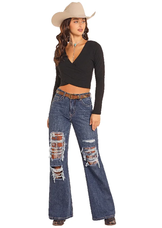 High-Rise Patched Distressed Wide Leg Flare Jean