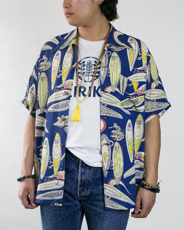 Hiking shirt fall mountain-Japanese Repro Shirt, Aloha Short Sleeve, Sun Surf Brand, Royal Blue and Cream/Yellow - L