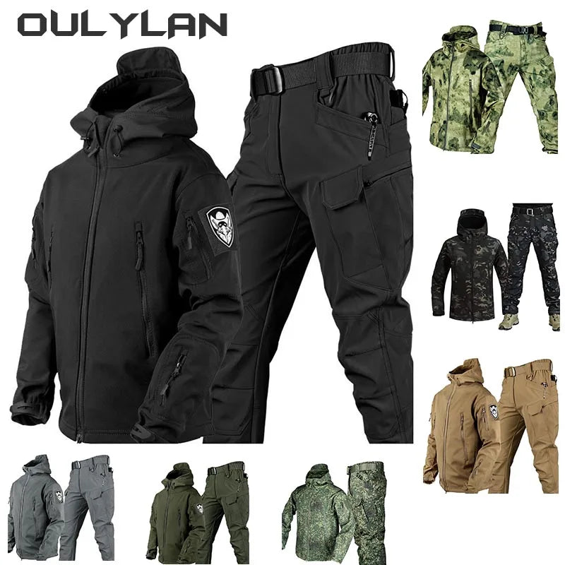 Hiking jackets gray fit-Shark Skin Warm Jackets Pants Set Men Camo Autumn Winter Coat Soft Shell