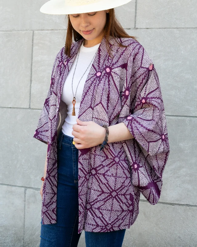 Hiking jackets solid gear-Vintage Haori Jacket, Full Shibori, Purple with White Geometric Shapes and Pink Spots