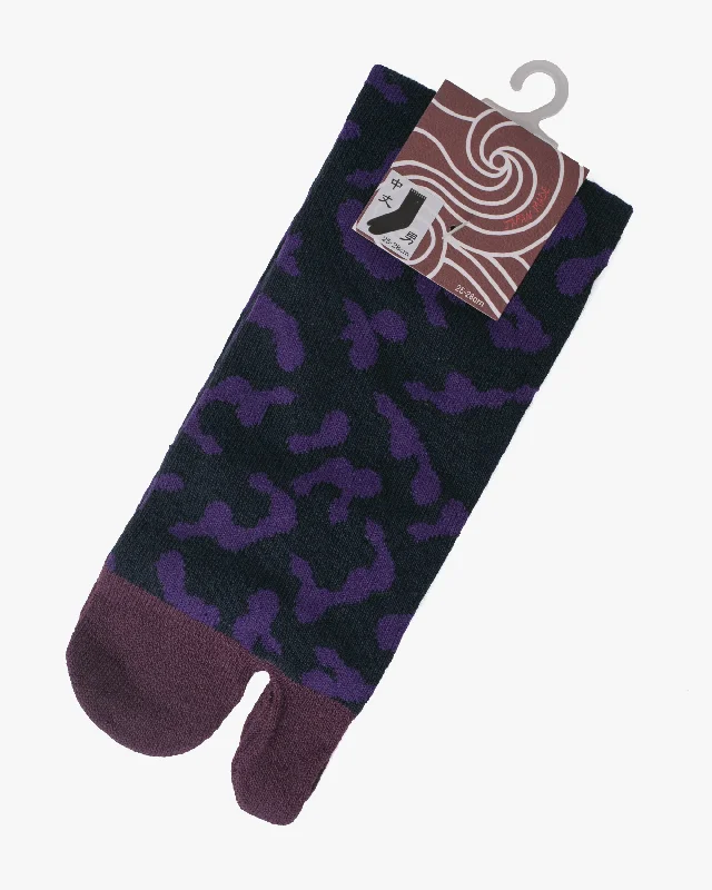 Hiking socks with trail ambitions-Wa Modern, Tabi Socks, Crew, Black with Purple Organic Shapes (M/L)