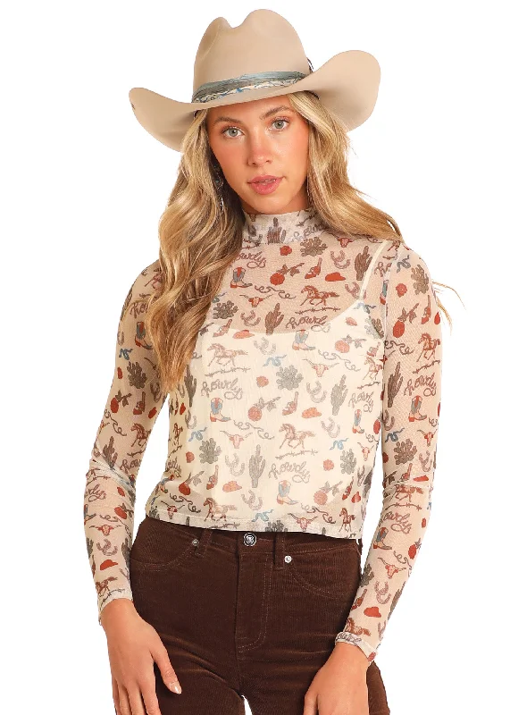 Western Print Mesh Top - Cream