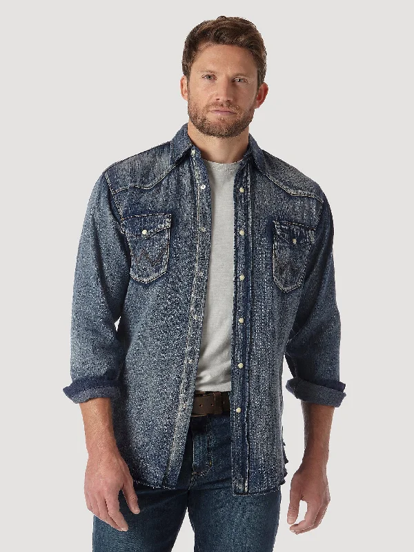 Hiking shirt mesh-lined gray-Men's Cowboy Cut Long Sleeve Western Denim Snap Work Shirt In Antique Blue